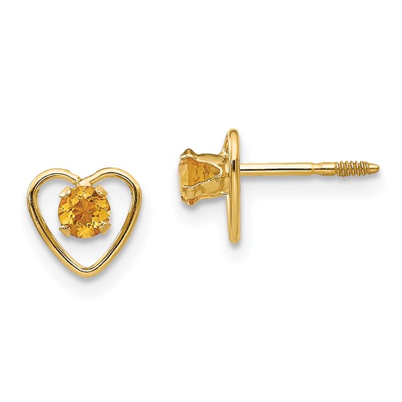 14kt Yellow Gold Madi K 3mm Citrine Birthstone Heart Earrings