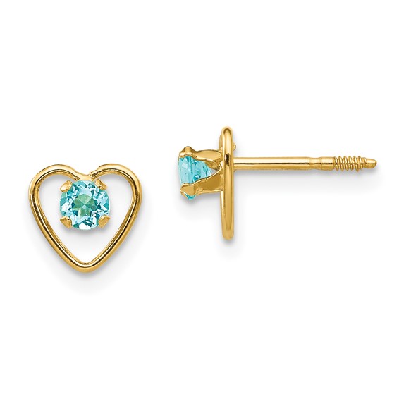 14k Yellow Gold Madi K 3mm Blue Zircon Birthstone Heart Earrings