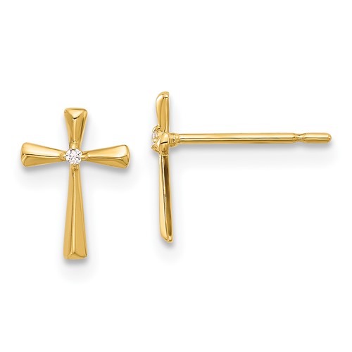 14k Yellow Gold Cubic Zirconia Cross Stud Earrings