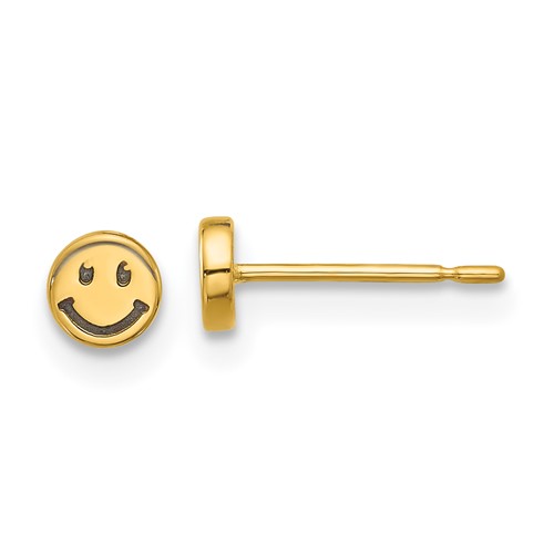 14k Yellow Gold Smiley Face Post Earrings With Black Rhodium