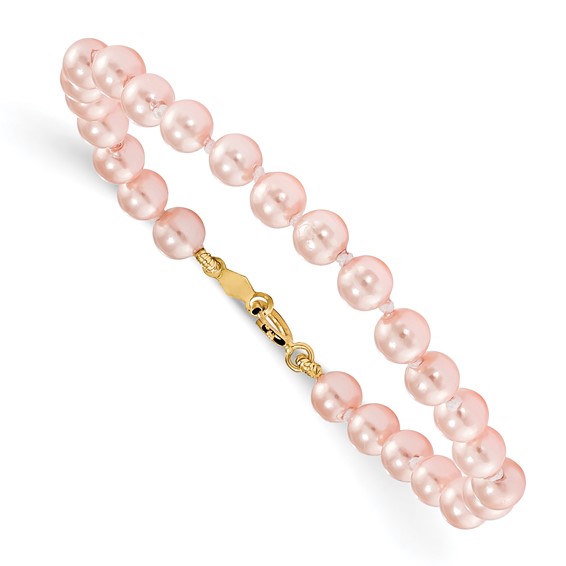 14kt Yellow Gold 5 1/4in Madi K Simulated Pink Pearl Bracelet