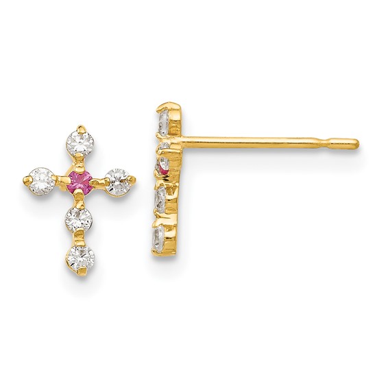 14kt Yellow Gold Madi K Red and White CZ Children's Cross Earrings GK691