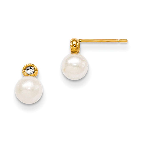 14kt Yellow Gold Freshwater Cultured Pearl CZ Children's Post Earrings