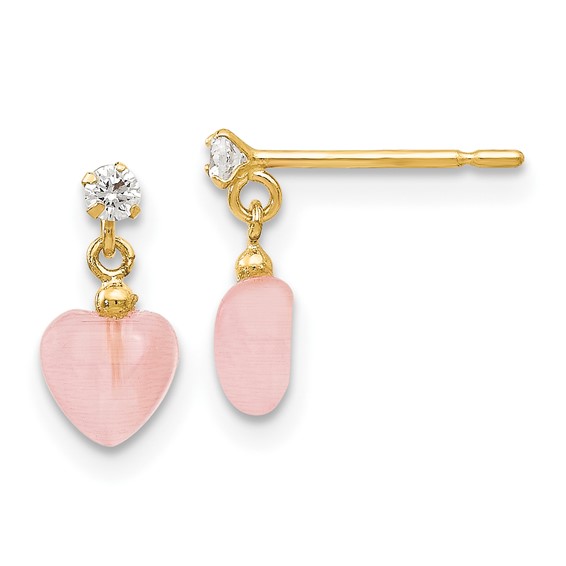 14kt Yellow Gold Kids' CZ and Pink Cat's Eye Heart Dangle Earrings