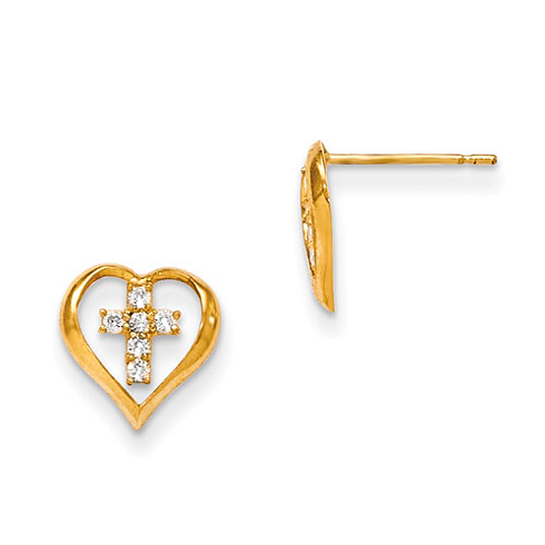 14k Yellow Gold Madi K CZ Children's Heart and Center Cross Earrings