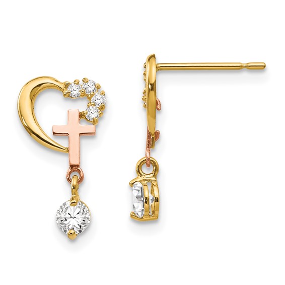 14kt Yellow Gold CZ Children's Heart Earrings with Rose Gold Cross
