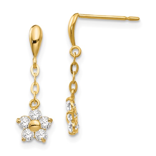 14kt Yellow Gold Madi K CZ Children's Flower Dangle Chain Earrings