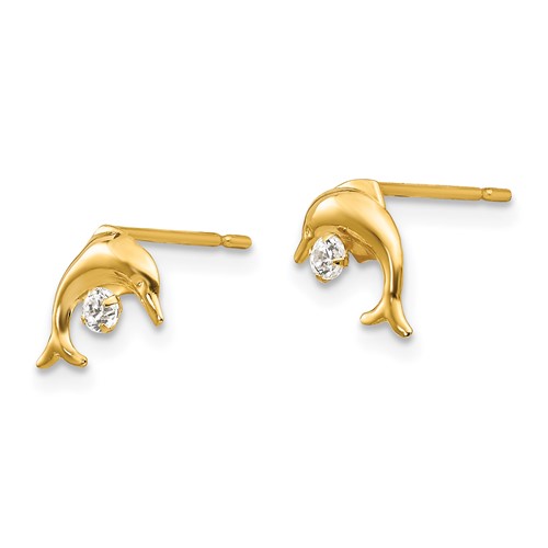 14kt Yellow Gold Madi K CZ Childrens Arched Dolphin Earrings