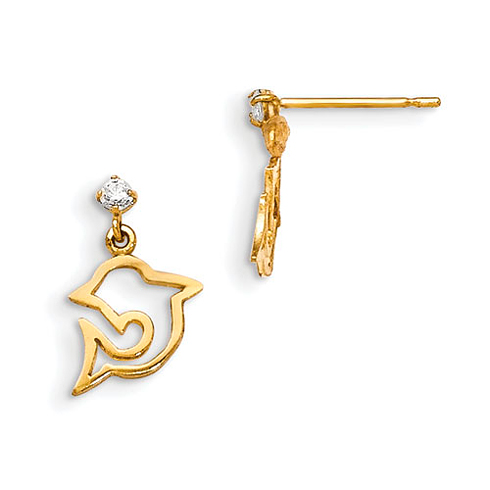 14kt Yellow Gold Madi K CZ Children's Dolphin Dangle Post Earrings