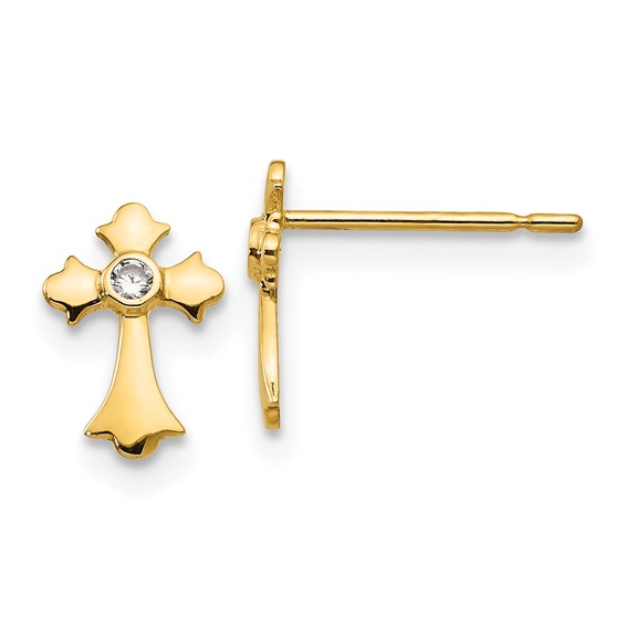 14kt Yellow Gold 3/8in Madi K CZ Children's Budded Cross Earrings