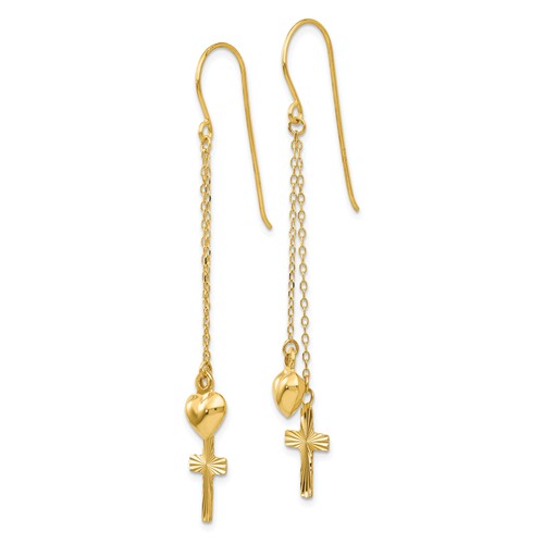 14k Yellow Gold Heart and Cross Dangle Earrings with French Wire