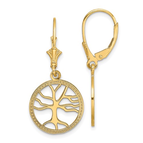 14k Yellow Gold Tree Of Life Leverback Earrings