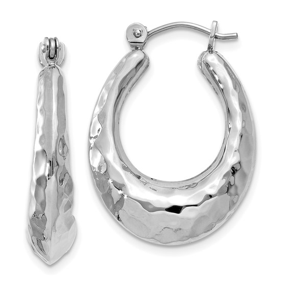 14k White Gold Hammered Oval Hoop Earrings