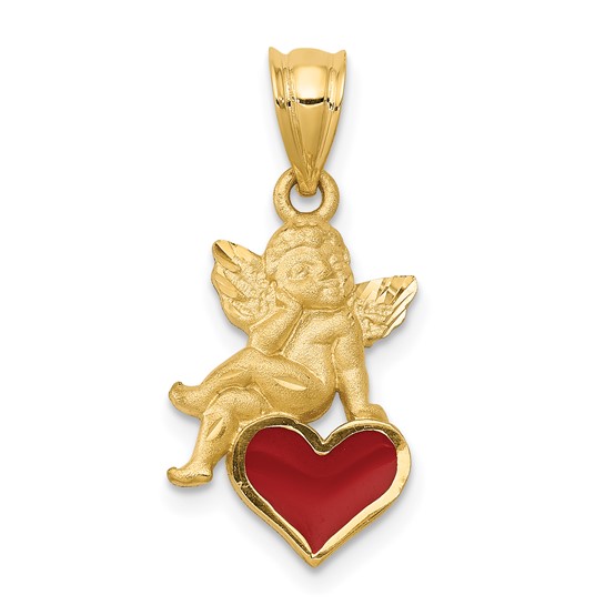 14k Yellow Gold 5/8in Angel on Enameled Red Heart Pendant