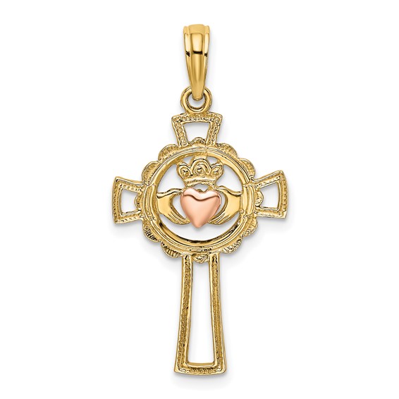 14k Yellow and Rose Gold Claddagh Cross Pendant 7/8in