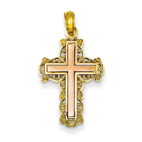 14kt Yellow and Rose Gold 3/4in Filigree Cross Pendant