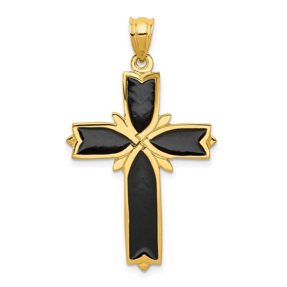 14k Yellow Gold 1 1/4in Black Enamel Budded Cross Pendant