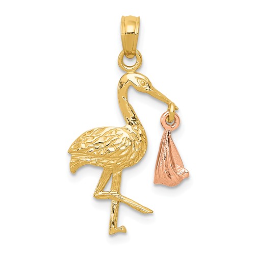 14k Two-Tone Gold Stork Pendant 3/4in