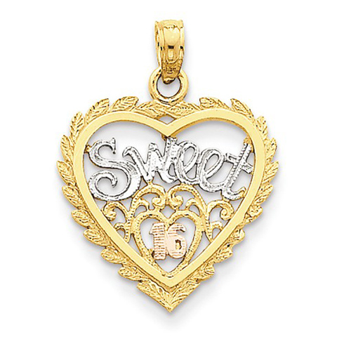 14kt Two-tone Gold Heart Sweet 16 Charm 3/4in