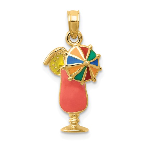 14k Yellow Gold Pink Enameled Tropical Drink Pendant