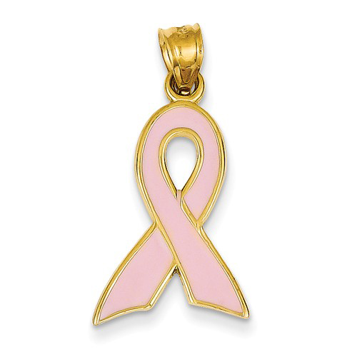 14kt Yellow Gold 7/8in Pink Enamel Ribbon Pendant