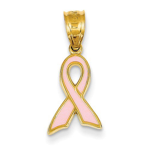14kt Yellow Gold 1/2in Pink Enamel Ribbon Pendant