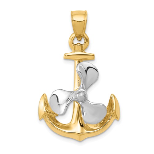 14k Two-Tone Gold 3-D Anchor Pendant With Moveable Propeller