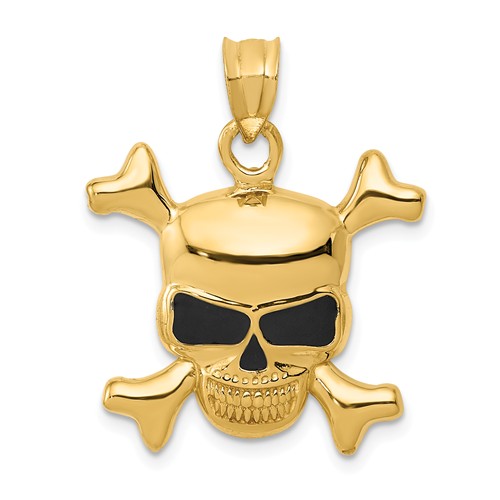 14k Yellow Gold Skull and Bones Pendant with Black Enamel