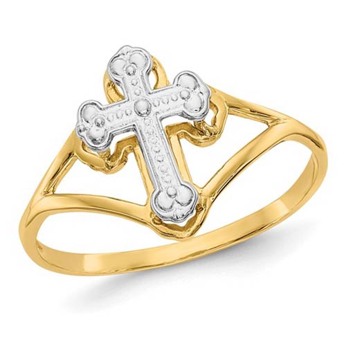 14k Yellow Gold with Rhodium Budded Cross Ring