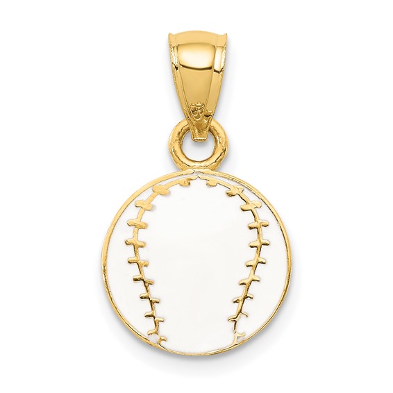 14k Yellow Gold White Enamel Baseball Pendant 3/8in