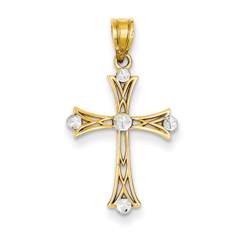 14kt Yellow Gold & Rhodium 3/4in Fleur de lis Cross Pendant