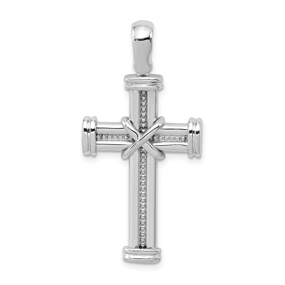 14k White Gold 1 1/4in Wrapped Cross Pendant with Beaded Texture