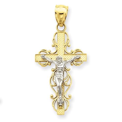 14kt Two-tone Gold 1in Crucifix Pendant with Scroll Edges
