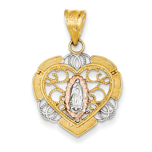 14k Gold Rhodium Filigree Guadalupe in Heart Pendant 3/4in