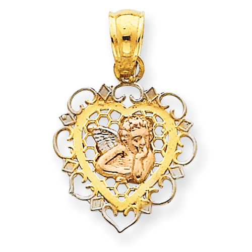14kt Tri-color Gold 1/2in Cherub in Heart Pendant