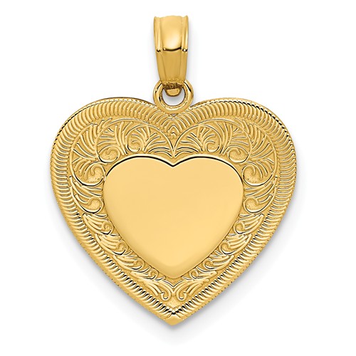 14k Yellow Gold Fancy Textured Heart Pendant Polished Center 5/8in