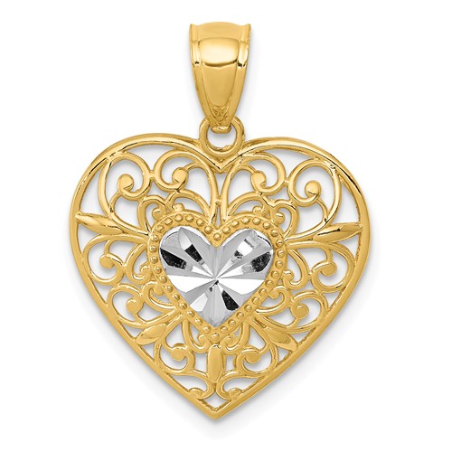 14k Yellow Gold And White Rhodium Filigree Heart Pendant 5/8in