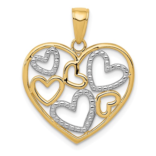 14k Yellow Gold And Rhodium Hearts in Heart Pendant 3/4in