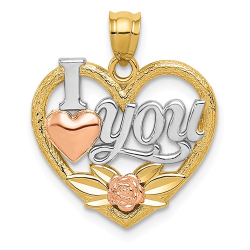 14k Yellow and Rose Gold I Love You Floral Heart Pendant 5/8in