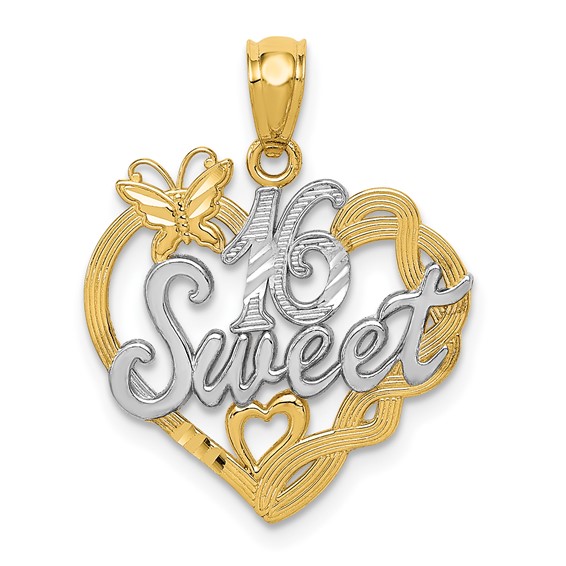 14k Two-tone Gold Sweet 16 Charm with Heart Butterfly 3/4in