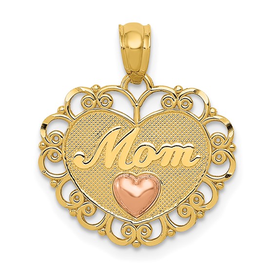 14kt Two-tone Gold 5/8in Fancy Mom Heart Pendant