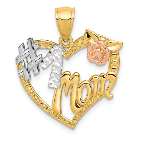 14k Two-Tone Gold with Rhodium #1 Mom Heart Pendant