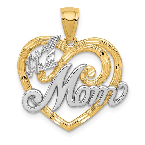 14k Yellow Gold with Rhodium #1 Mom Heart Pendant 7/8in