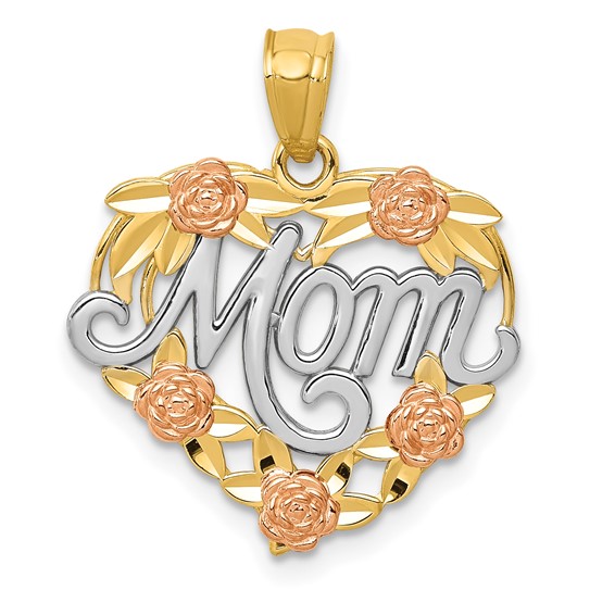 14kt Tri-tone Gold 5/8in Heart Mom Floral Pendant