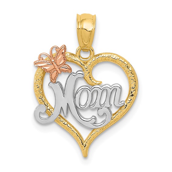 14kt Two-tone Gold 5/8in Heart Mom Butterfly Pendant