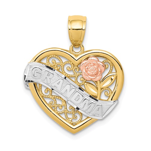 14k Two-Tone Gold And Rhodium Grandma Heart Pendant with Ribbon