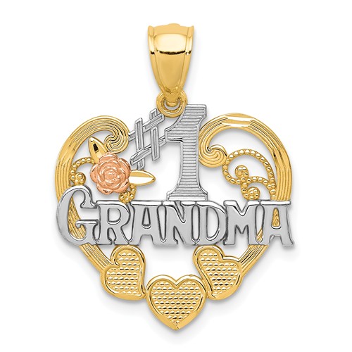14k Two-tone Gold Rhodium #1 Grandma In Heart Pendant with Flower