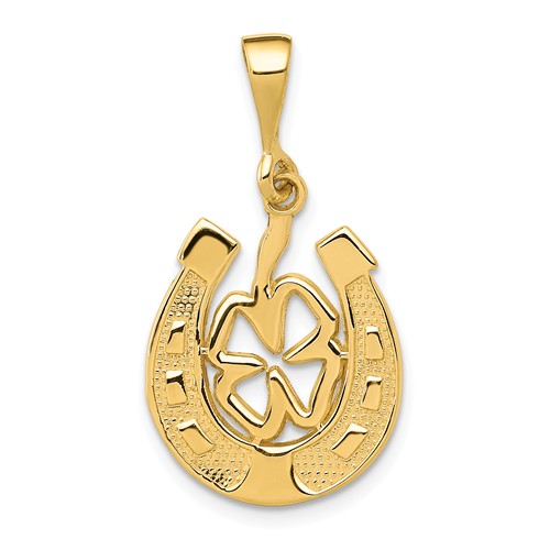 14k Yellow Gold Horseshoe and Clover Pendant 3/4in