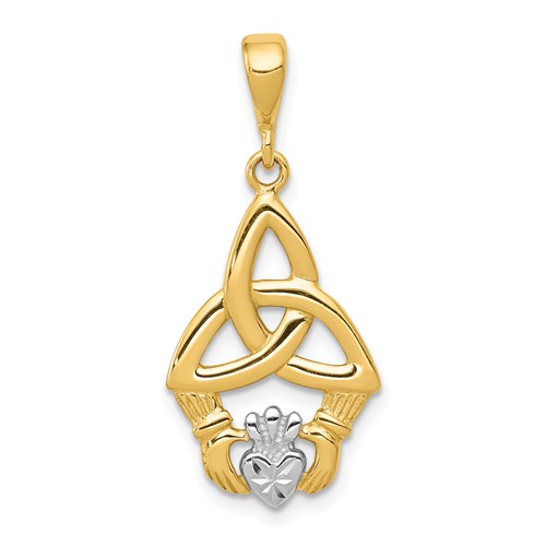 14k Yellow Gold Rhodium Claddagh Pendant with Celtic Knot 3/4in
