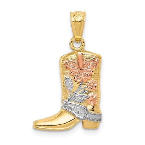 14k Yellow Gold Cowboy Boot Pendant with Rose and White Rhodium 1/2in